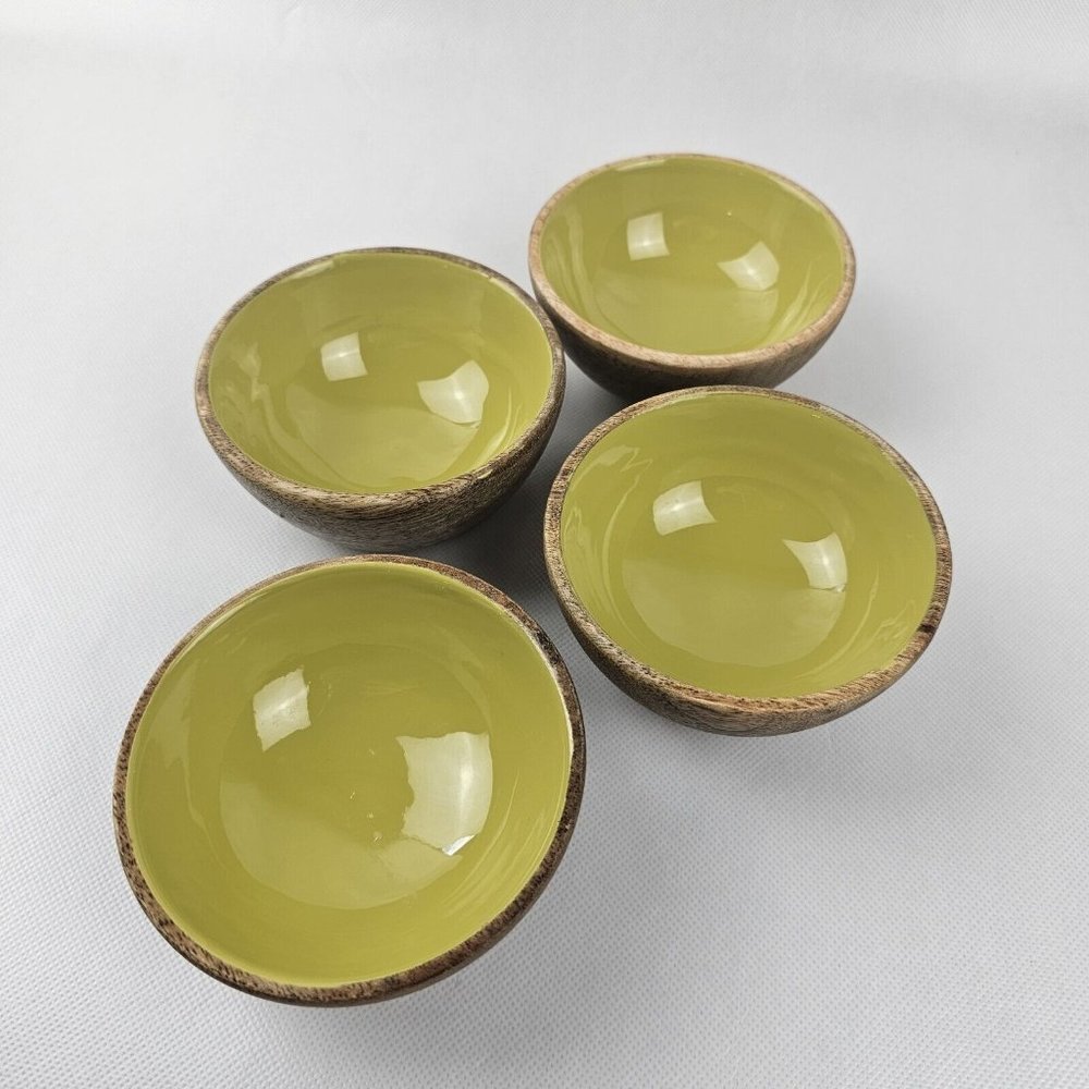 Set (4) Kauri Spice Prep Mini Cooking Bowl Wood Style Outside Green Inside